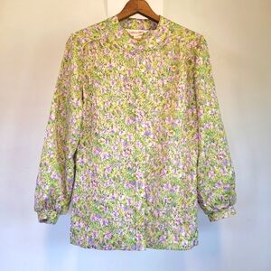 Laura Mae Floral Button Front Blouse Long Bishop Sleeve Spring Multicolor Sz Med